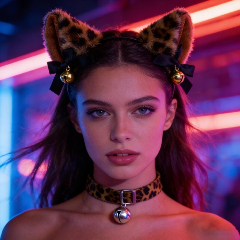 Leopard Cats Ears Headband with Bells Collar Set Cats Costumes Accessories for Women Halloween Cosplay Party Costumes