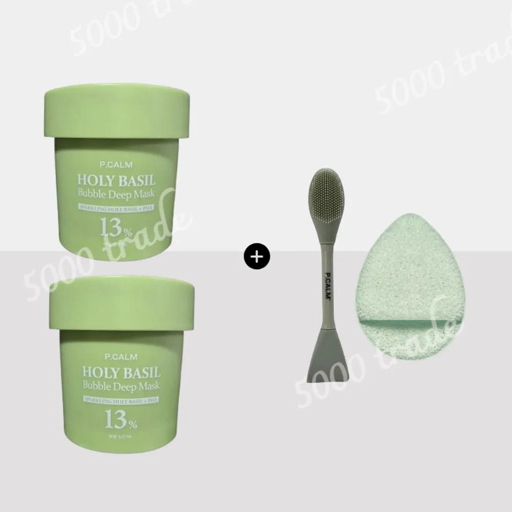 [1+1] P.CALM Holy Basil Bubble Deep Mask Wash-Off Pack 90g 1 Pack + Dual Brush + Sponge