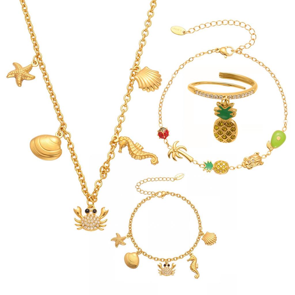 Oumeka Ocean Stainless Steel Zircon Crab Seashell Necklace & Bracelet Set