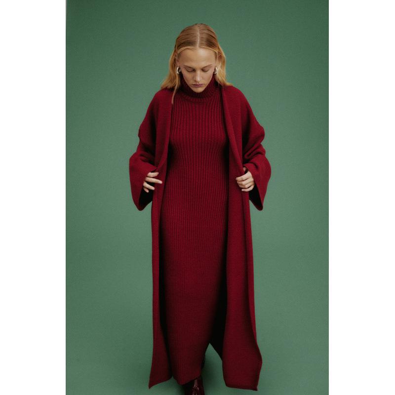 2025 Herbst/Winter Damen Slim-Fit Rollkragen Langkleid Cardigan Pullover Set