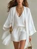 Women's V Neck Sleeveless Top Drawstring Shorts and Oversized Cardigan Three Piece Set