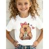 European Sizes Fashion Girls' Short-Sleeved T-Shirt Capybara Cartoon Pattern Print Top Drinking Pearl Milk Tea
