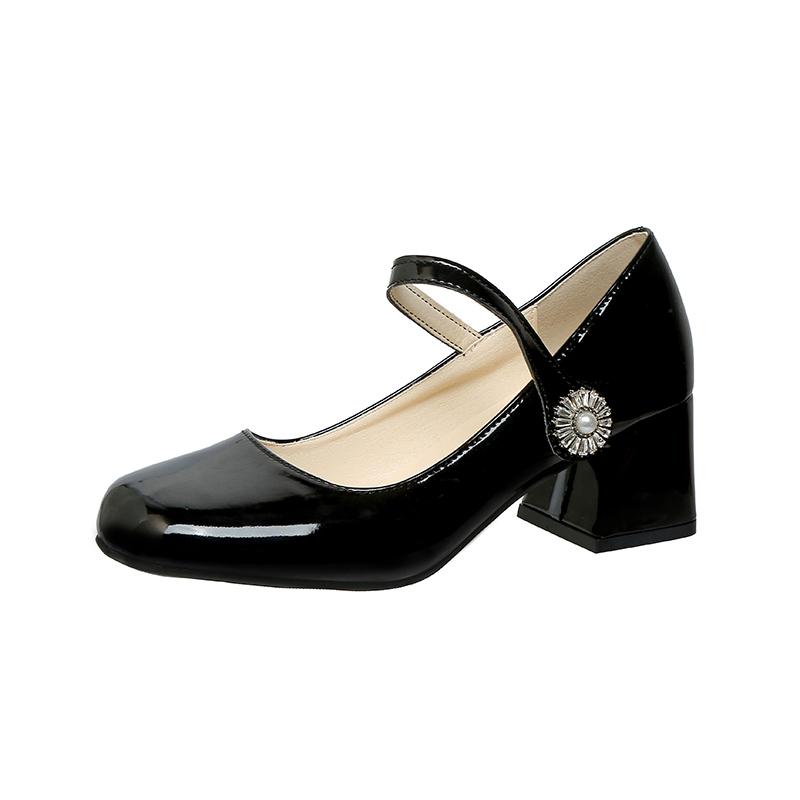 Fashion Fashion Square Heel Shoes Summer New Square Head Shallow Mouth Metal Buckle Set Foot Anti-slip Wear-resistant High Heels