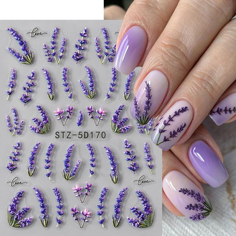 5D Embossed Elegant Lavender Flowers Nail Stickers Bright Florals Adhesive Nail Decals Spring Summer Petals Nail Access