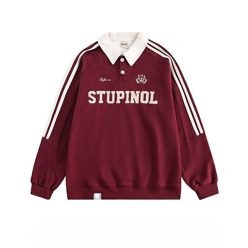 Vintage College Waffle American Style Polo Collar Hoodie Women Loose Casual Couple Stripe Raglan Sleeve Top