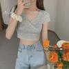 Women's Floral V-Neck T-Shirt, Sweet & Spicy Korean Style, High-Waisted, Slim Short Sleeves, Summer 2025 Hot Girl Top