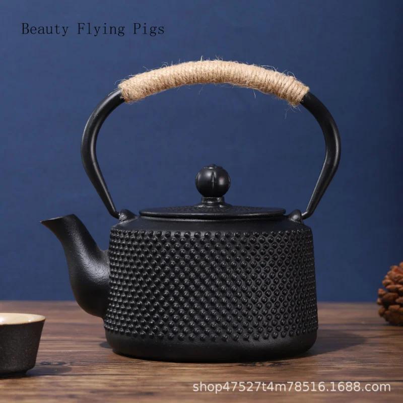 Retro Nostalgic Black Particle Cast Iron Teapot for Home Use, Large Capacity Lifting Beam Teapot, Uncoated Pig Iron Teapot