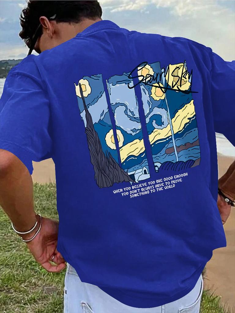 Men'S Summer Fashion Casual T-Shirt, Geometric Night Print, Crew Neck, Knit Fabric