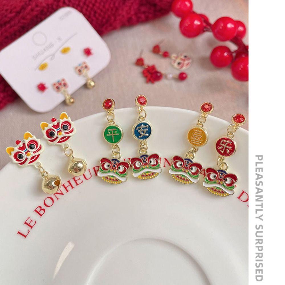 Chinese Style Bell Pendant Earrings Traditional New Year Earrings Red Little Lion Earrings