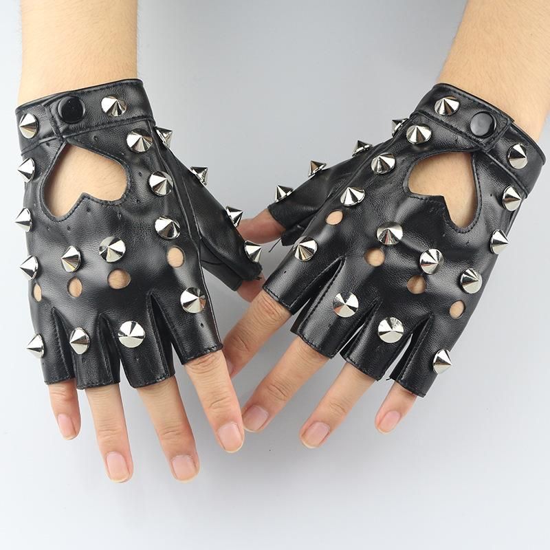 

Rivet Gloves Stage Performance Dancing Hip Hop Half Finger Leather Gloves Break Dance Punk Hiphop Performance Gloves Black All yards