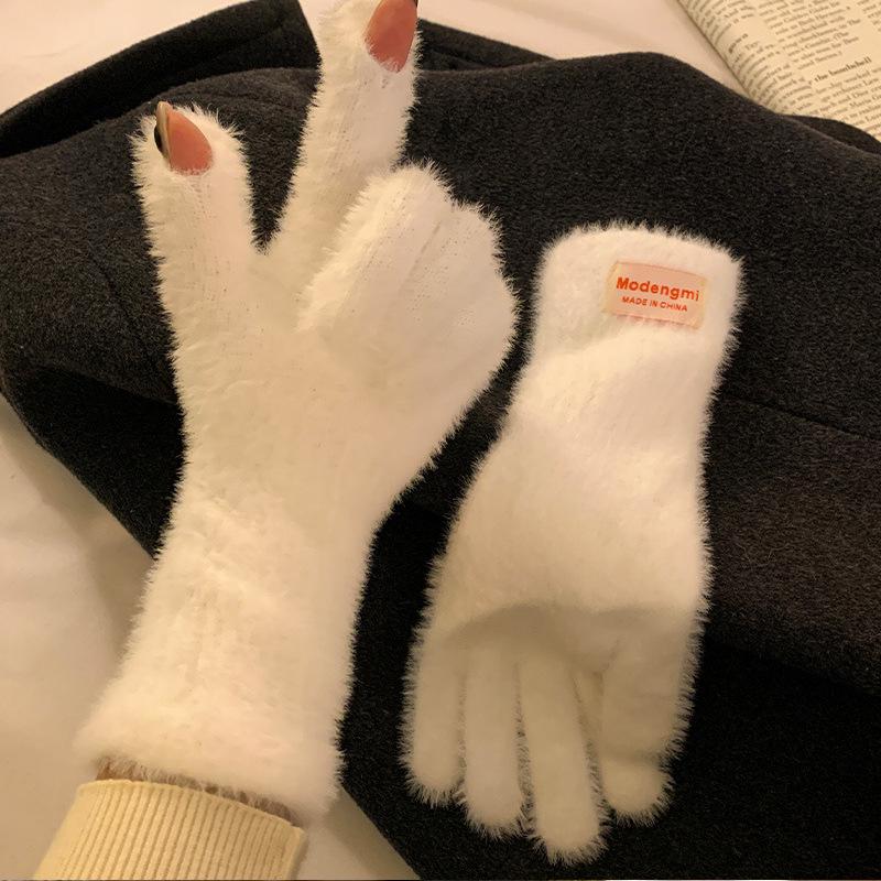 Women's Long Plush Wool Knit Fingerless Touchscreen Gloves