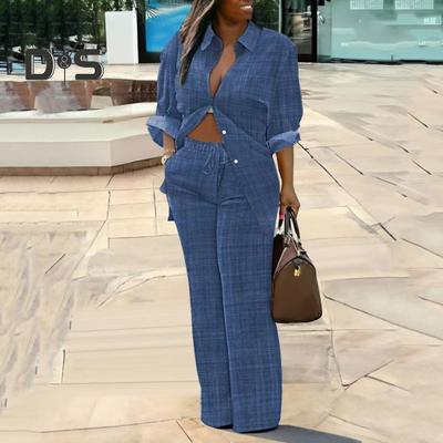 2 pçs/set feminino camisa calças terno turn down colarinho mangas compridas impresso casual solto topo elástico cordão calças de perna larga kit