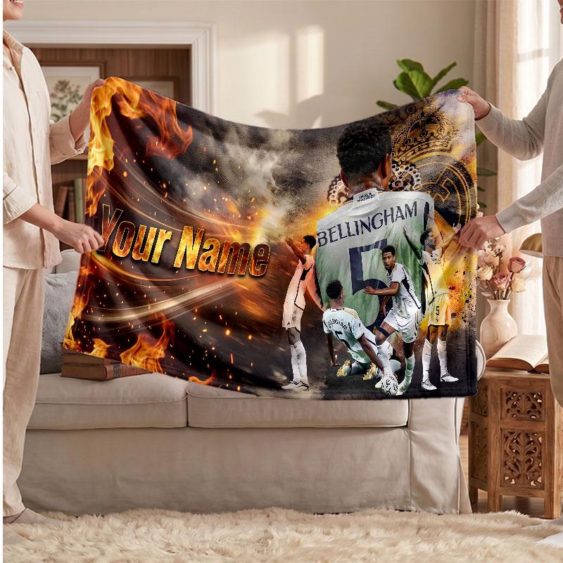 Coperta in Pile Personalizzata Jude Bellingham con Logo Calcio, Testo Nome Personalizzato Morbida Calda Coperta da Divano per la Casa