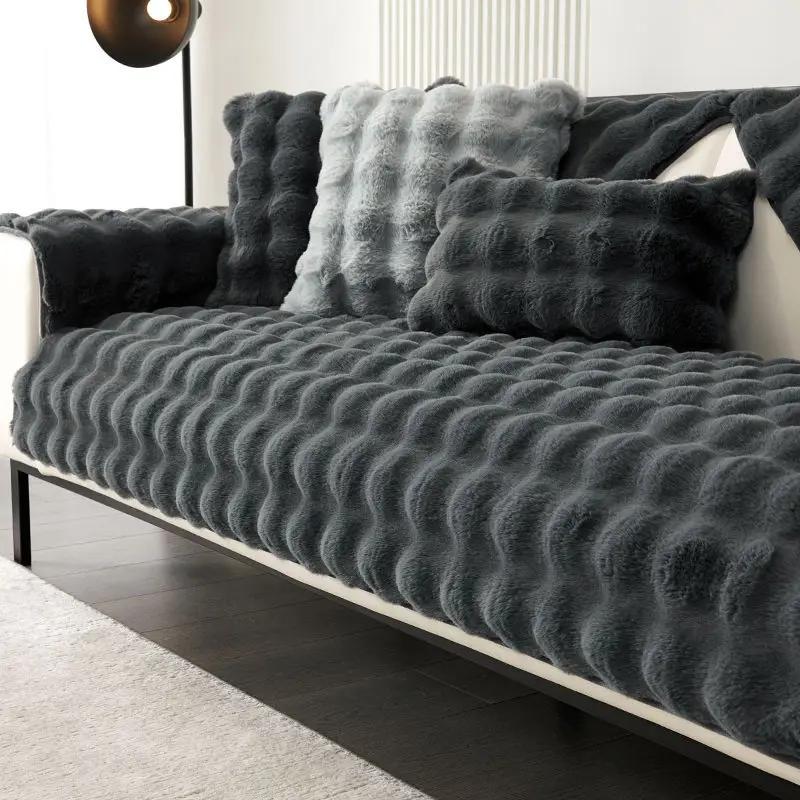 Winterwarmes, superweiches Sofahandtuch aus Kaninchenplüsch, verdickter Blasensamt, rutschfester Sofabezug, rutschfester L-förmiger Couchbezug