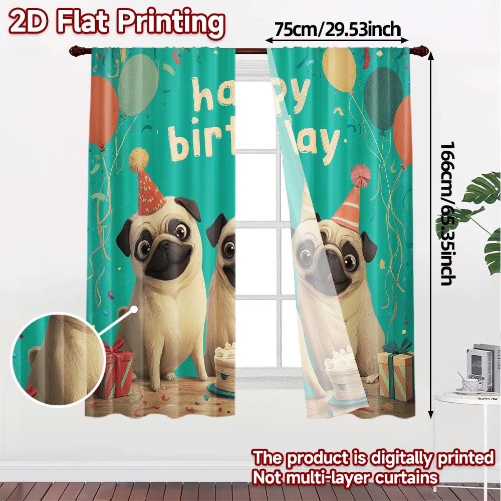 2pcs, 2D FLAT PRINTING Curtains (Without Rod) PugPartyTime(1) Modern Curtains Polyester Easy Install Curtains Holiday for