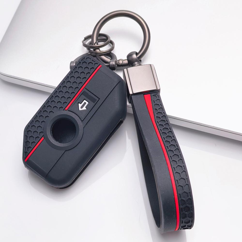 Silicone Key Cover with Keychain for BMW Motorcycle 2 Button Smart Key, Fits BMW R1200GS R1250GS F750GS F850GS K1600GT, Shockproof Key Fob Holder