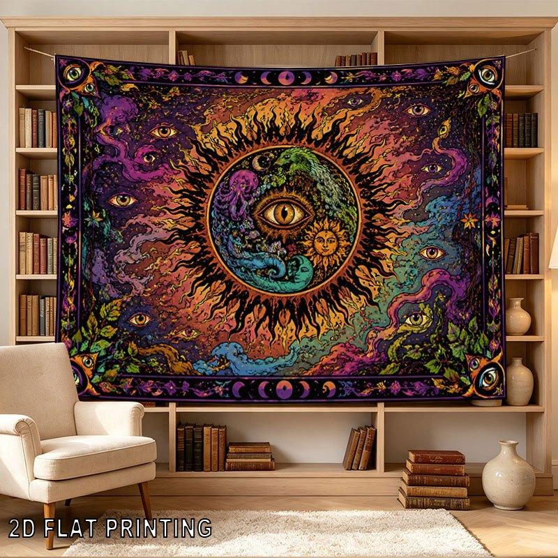 2D Flat - 2D Flat - 1pc 2D Flat Tapestry Cosmic Eye Mandala Tapestry with Eyes, Sun, And Serpents in Colors