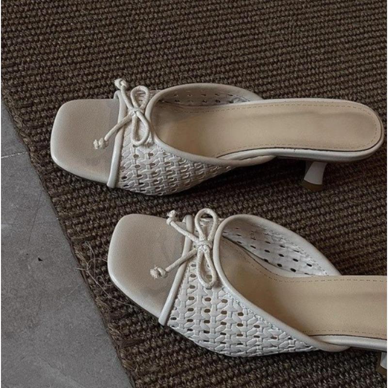 Fashion New Women's Summer Butterfly-knot Slippers Street Style Square Toe Thick Heel Dress Shoes Outdoor Ladies Slides Zapatos Mujer