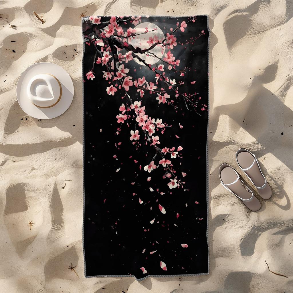 Elegant Sakura Moon Microfiber Beach Towel 1 Piece Set 2D Flat Printed Sandproof Waterproof Holiday Sea Sunbed Lounger Towel