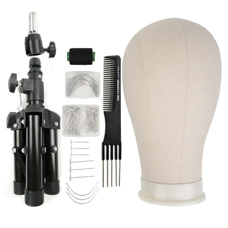 ABIY Canvas Mannequin Head Canvas Block Head Display Training Styling Manikin Head Wig Tripod Stand T Pins Wig
