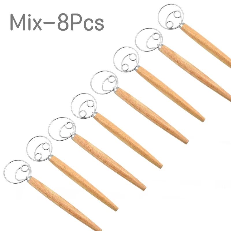 2025 New 8Pcs 13 Inch Oak Handle Flour Mixer Danish Dough Mixer 430 Stainless Steel Coil Egg Beater