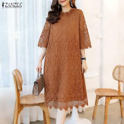 Women Casual Round Neck 3/4 Sleeve Patchwork Lace Crochet Dress