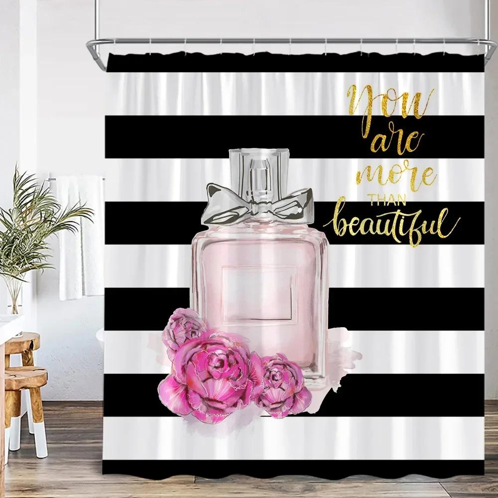 Pink perfume bottle shower curtain pink flower cosmetic pattern bathroom decoration modern fashion shower curtain with hook