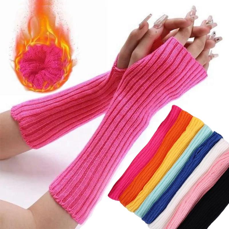 Women Long Fingerless Gloves Soft Female Glove Lolita Kawaii Mitten Winter Warmer Knitted Arm Sleeve Girls Punk Gothic Gloves