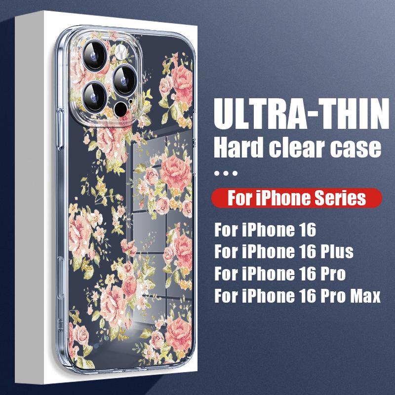 For iPhone 16 Plus 15 14 Pro 12 13 Pro Max 11 Shockproof Color Rose Flower Pattern Hard Pc Transparent Slim Lens Protection Phone Case Cover