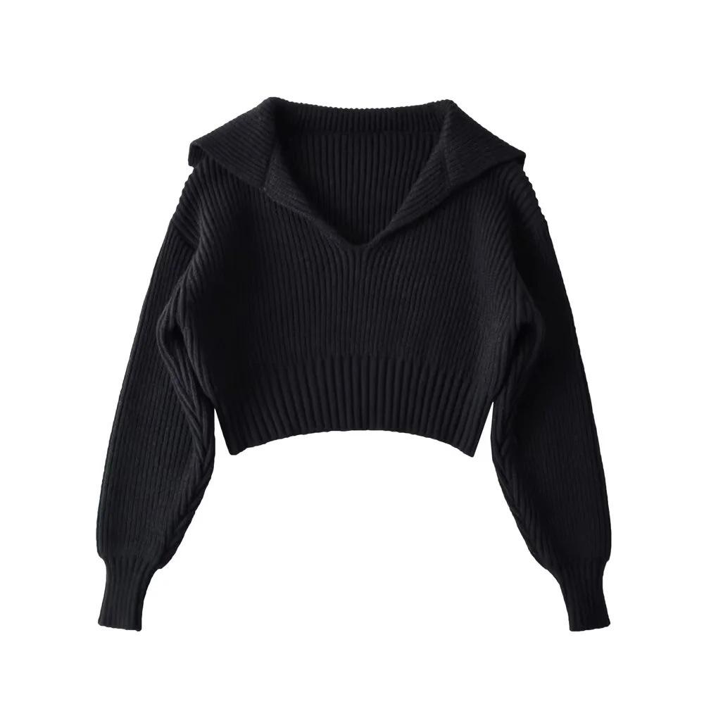 Spring and Autumn Four-color Loose Large Lapel Peplum Knit Sweater Women Fashion Loose Short Sweater Sweater Sweater Comfortable and Versatile