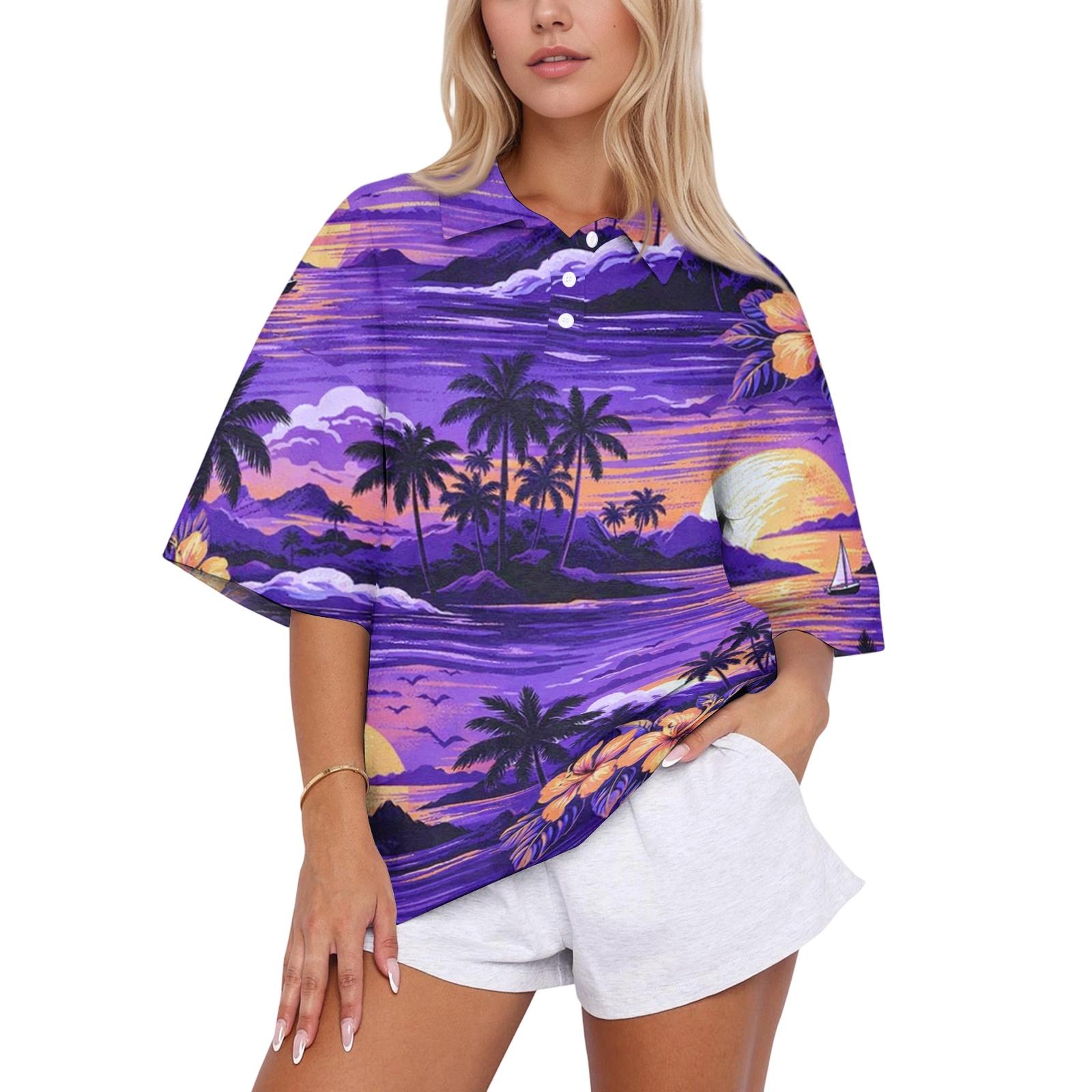 

Women Casual Polo Shirt Loose Fit Short Sleeve Button Down Collar Tropical Print Summer Top M фіолетовий