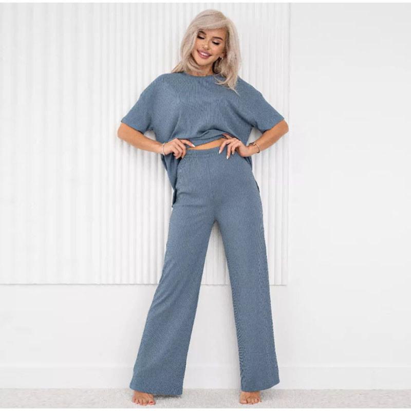 

2025 Свободный крой, простой однотонный повседневный костюм для женщин, весна-осень, новая фактура, эластичная талия, одежда для сна, женский комплект с широкими брюками 2XL серо голубой