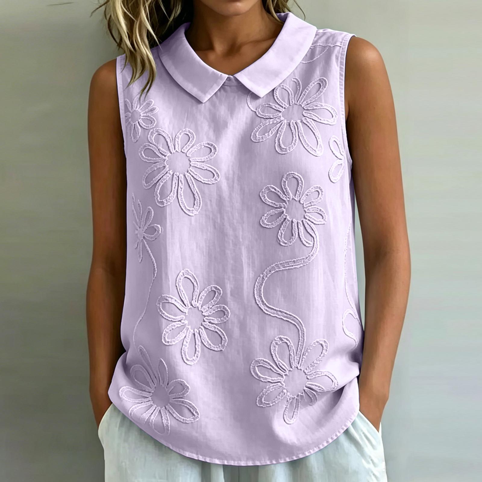 Ladies Color Loose Casual Retro Vest Embroidered Floral Sleeveless Top L светло-фиолетовый