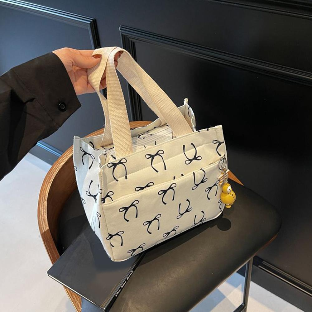 Portable Canvas Lunch Bag with Handle Bow Print Tote Bag Lightweight Hobo Bag for Women Work School Lunch  Dinner Box Accessory