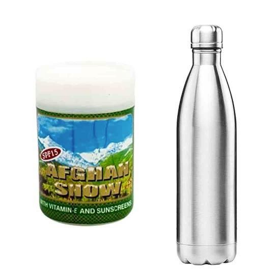 RSINC Afghan Snow Skin Cream |For All Skin Types (1x100 gm) with Stainless Steel Water Bottle - 750ml Silver Combo Afghan- Steel Water Bottle