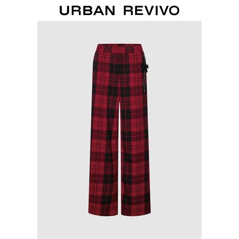 UR2026 Women s Plaid Wide-Leg Pants with Elastic Waist and Pegasus Charm XS