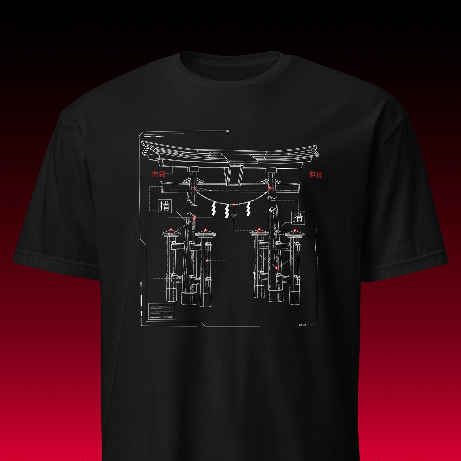 Cyberpunk Torii Tee | Japanese Shrine Blueprint | Future Techwear L