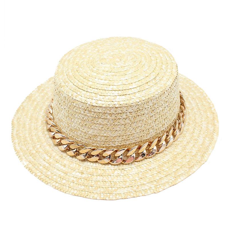 

Spring And Summer Big Eaves Wheat Pole Braid Chain Flat Top Flat Edge Straw Hat Women S Sunshade Shape Natural Grass Top Hat Tide M（56-58cm）
