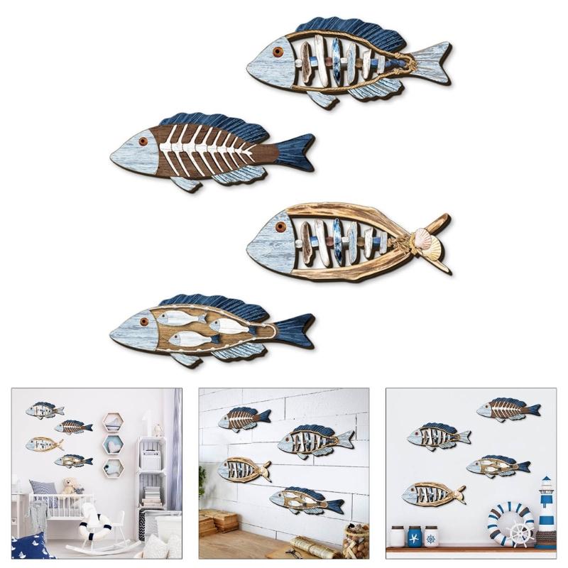 4Pieces Seasides Inspireds Wooden Wall Art Handmade Fish Decorations for Entryway Hallway Interior