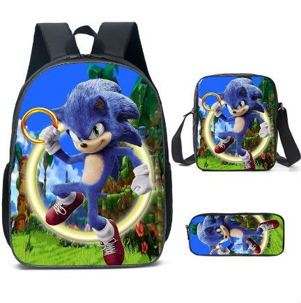 Cartoon Sonic Backpack, Primary And Secondary School Schoolbag, Messenger Bag, Pencil Case Three-Piece Set
