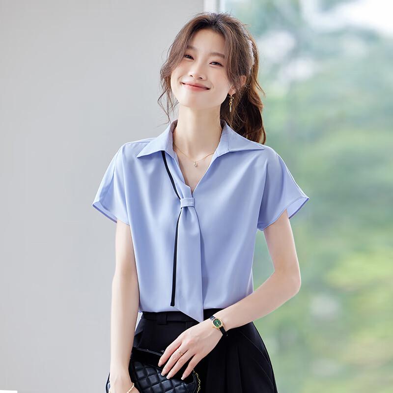 Women s V-Neck Short-Sleeve Chiffon Blouse with Tie Detail XL