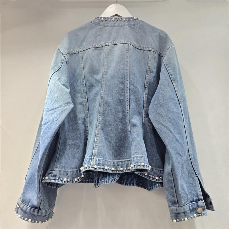 Rhinestone Ruffled V-Neck Denim Jacket - French Korean Style 2026 Spring Collection