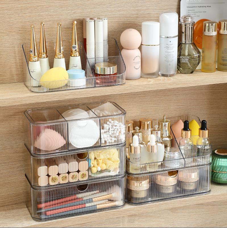 Transparent PET Mirror Cabinet with Compartment Drawers - Stackable Desktop Cosmetics Organizer.