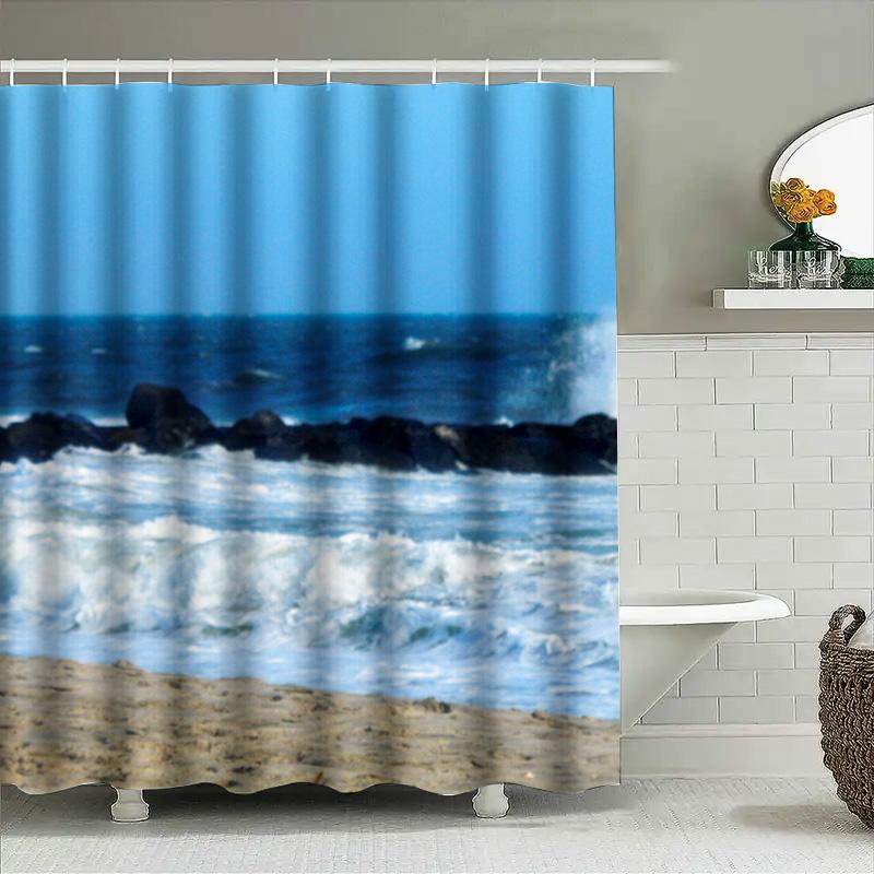 Ozeanwellen Duschvorhang Wasserdichtes Gewebe Badezimmer Dekoration Strandmotiv Druck Modernes Design Für Zuhause Wohnzimmer Oder Schlafzimmer (Blu