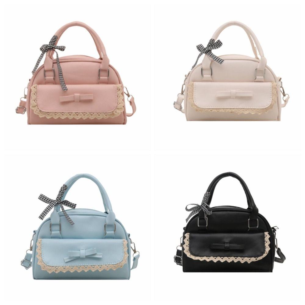 Lace Ribbon Boston Handbag PU Leather Bow Shoulder Bag Sweet Crossbody Bowling Bag  School