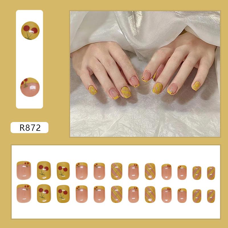 Wearing Nail Pieces Solid Color Removable Nail Pieces Patch Cartoon Cherry Simple Short Nail Fake Nail Pieces 24 Pieces