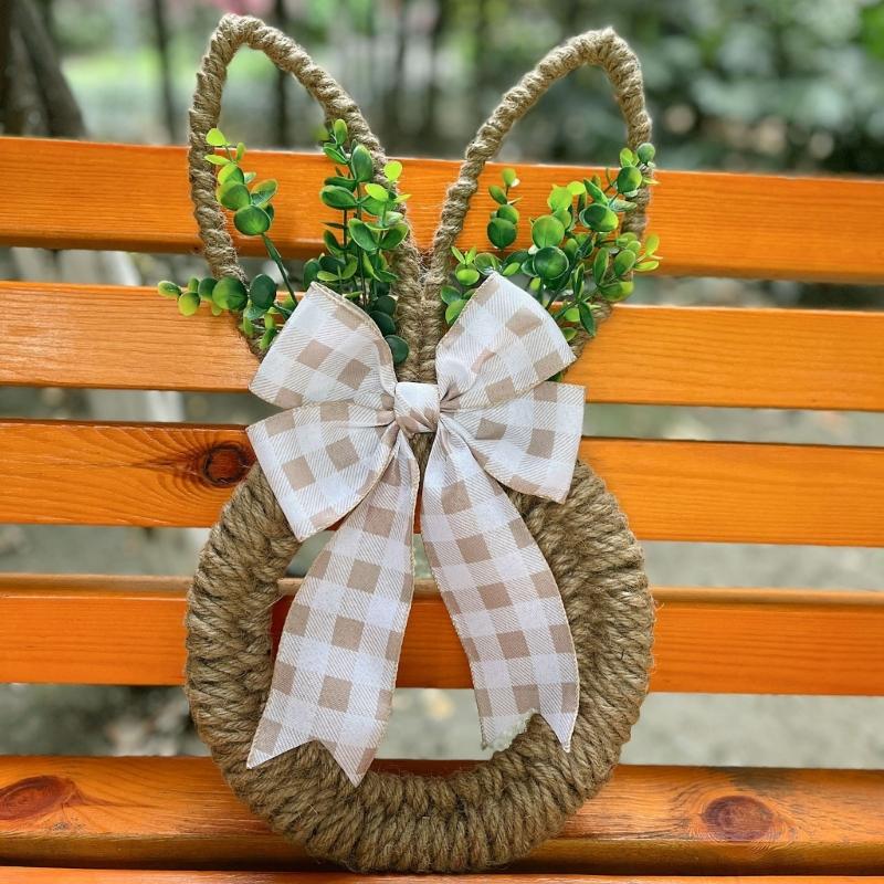 Easters Themed Florals Garlands Cartoon Rabbit Shaped Wreath for Front Door or Wall Decoration Seasonal Accessory
