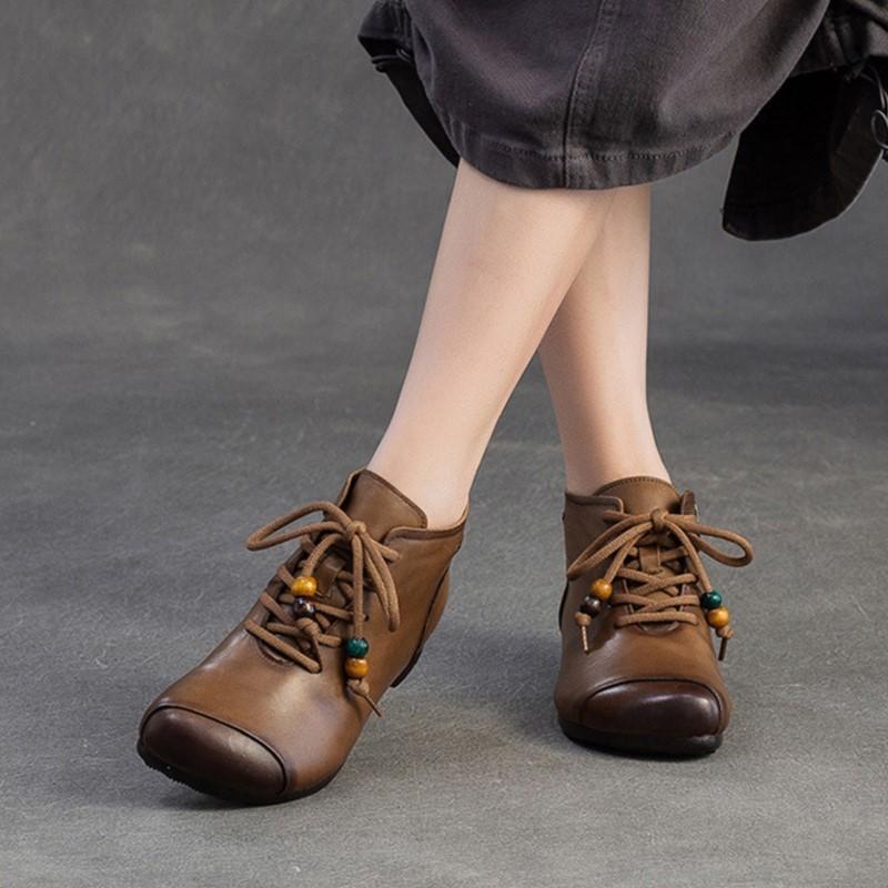Johnature Retro Round Toe Genuine Leather Ankle Boots Versatile Soft Soled Comfortable Women's Shoes