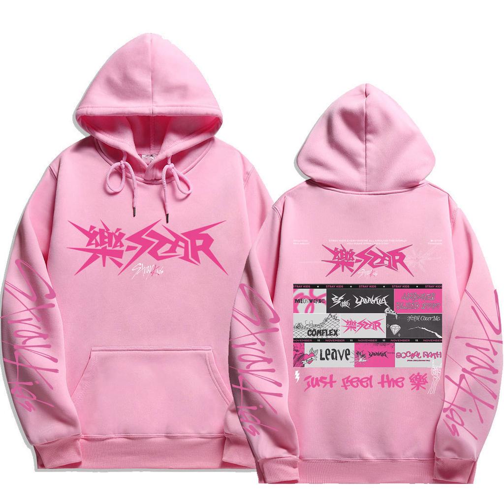 Stray Kids Pullover Hoodie Front Pink Punk Logo Vintage Punk Graphic Song Titles Just Feel Drawstring Hood Oversized Unisex K‑Pop Streetwear Fan Merch