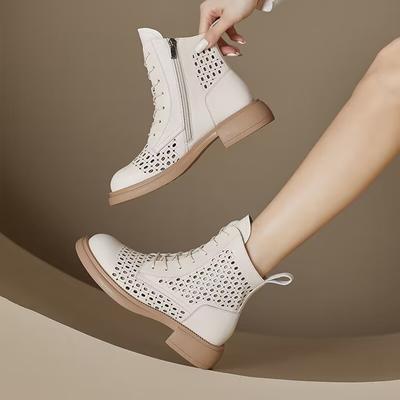 Fashion Retro Genuine Leather Hollow Cool Boots for Women with Thick Soles and Lace Up Korean Zipper Casual Women's Shoes